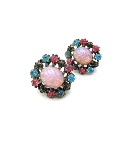 Conjunto de joyas de diamantes de imitación de ópalo de fuego azul rosa Coro de colección años 40 - Imagen 4 de 9