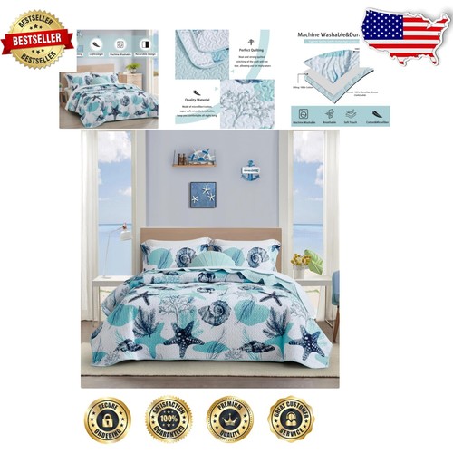 Lightweight Coastal Queen Quilt Set with Ocean Patterns - 90x96 Luxury Bedding