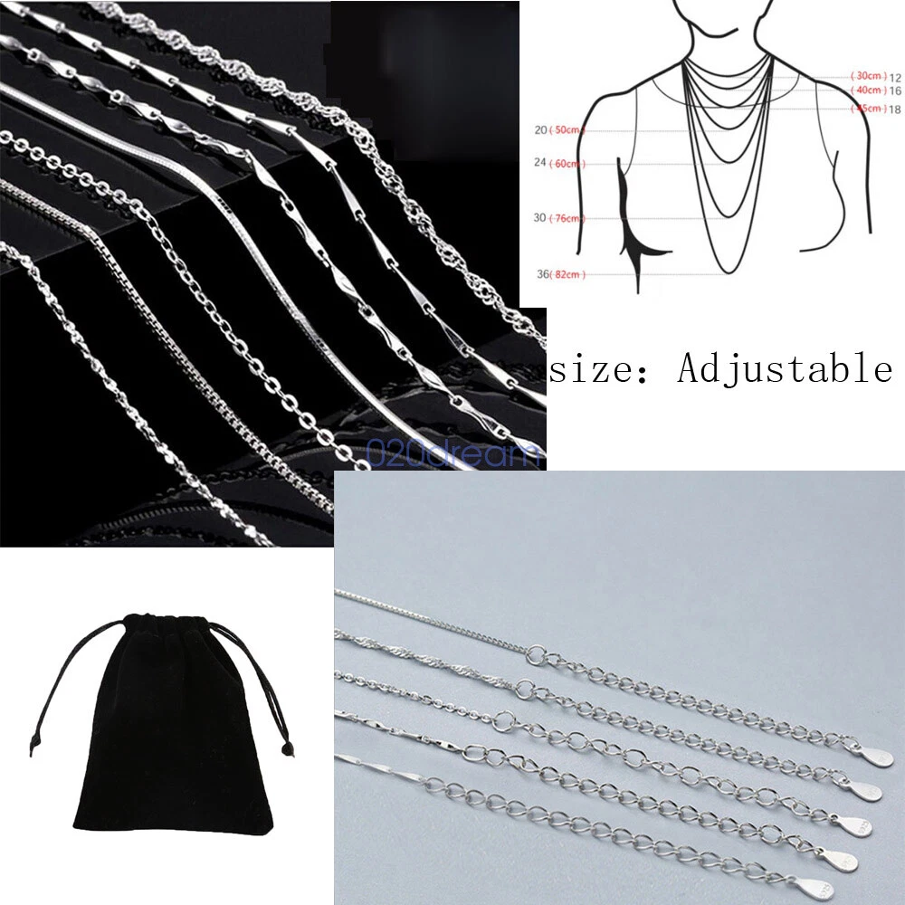 Real 925 Sterling Silver Necklace Thin Short Chain Extend Adjust Charm Ladies