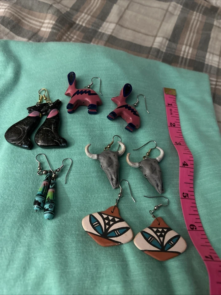 Pendientes colgantes vintage hechos a mano pintados a mano del suroeste HERMOSOS 5 pares Foto 2 de 4