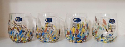 Murano Art Glass Tumblers Wine Set of 4 White Cristal  Confetti Made in Italy