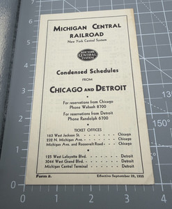 1935 Michigan Central Railroad Condensed Schedule Timetable Chicago - Detroit