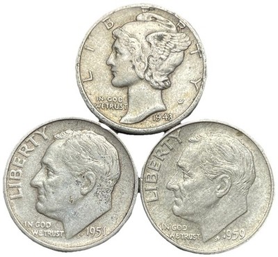 1943-D Mercury Dime 1951-S 1959-D Roosevelt 90% Silver Dime Lot of 3 Coins