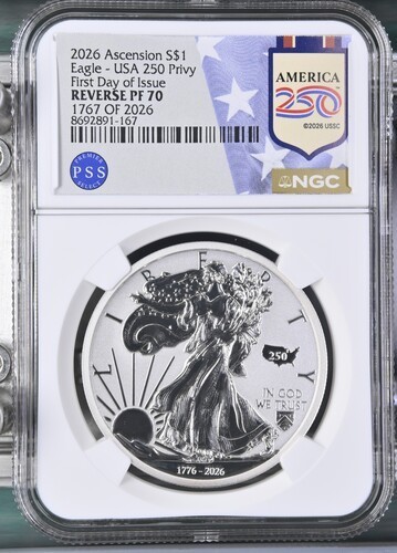 2026 Ascension $1 Eagle USA PRIVY First Day Of Issue Reverse PF70 NGC Certified