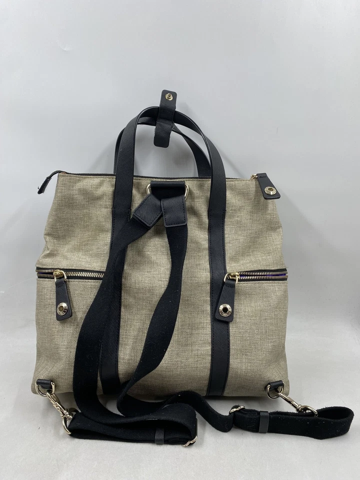 Henri Bendel Beige Black Two Tone Canvas Leather Backpack Handle Bag - Image 2 of 4