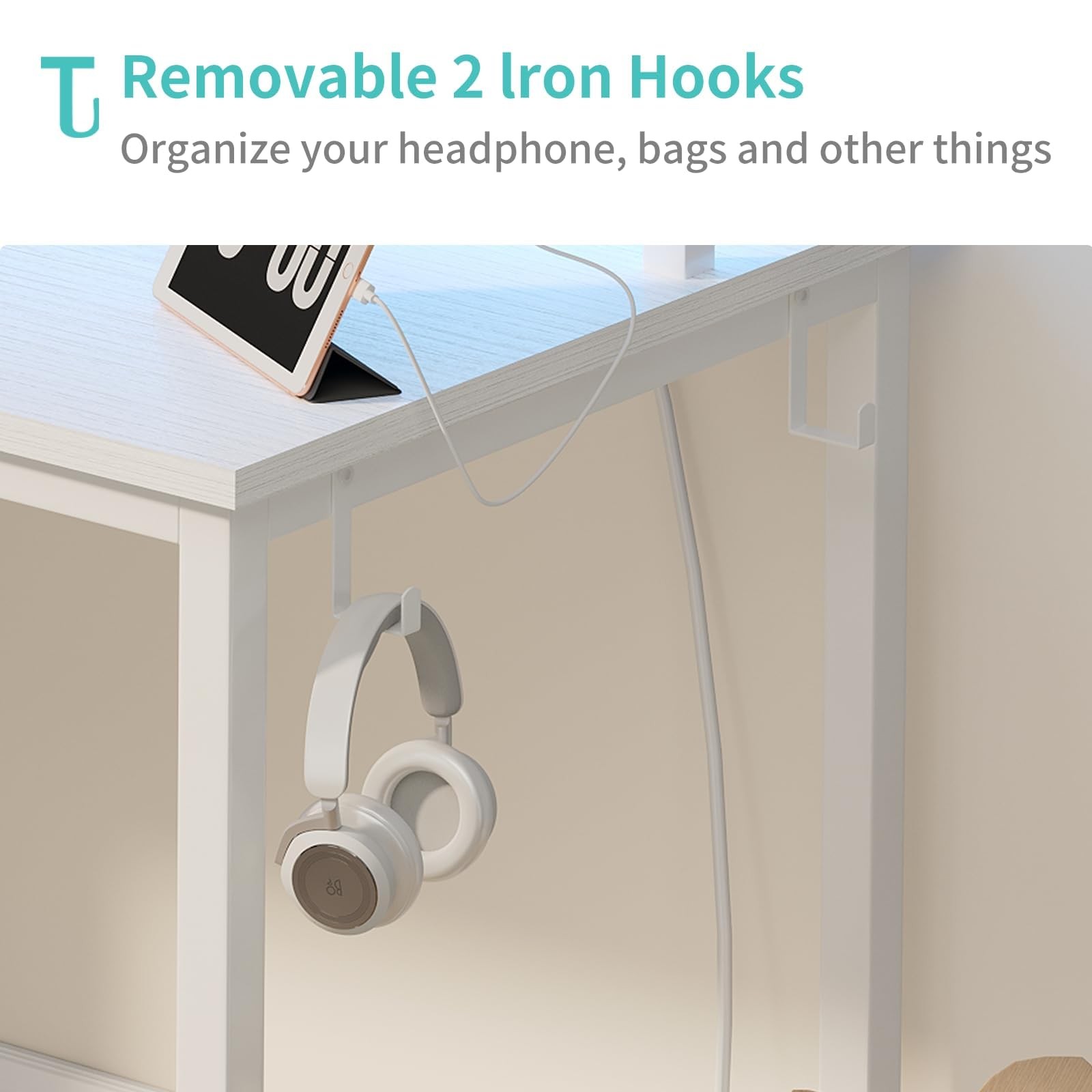 White Computer Desk with LED Lights and Power Outlets, 40 Inch Home Office De...