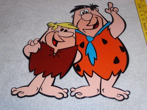 VINTAGE THE FLINTSTONES TV SHOW CHARACTERS: FRED & BARNEY 14" METAL GAS OIL SIGN