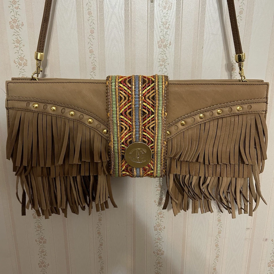 Vintage Just Cavalli Beige Leather Fringes Flap Top Evening Clutch Or Strap Bag - Image 2 of 4
