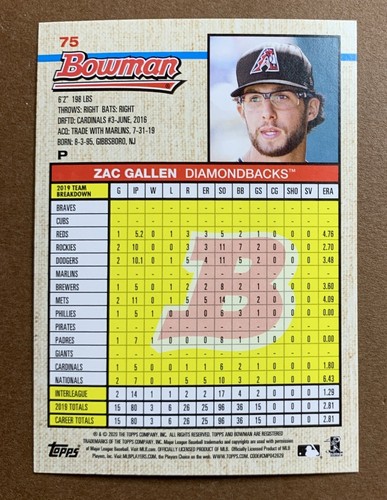 2020 Bowman Heritage Zac Gallen #75 Rookie Card Arizona Diamondbacks RC D1-4 - 第 4/4 張圖片