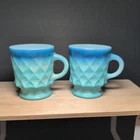 2 Anchor Hocking Fire King Kimberly Diamond Quilt Blue Fade Coffee Mug Cup VTG