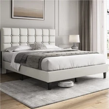 Queen/Full Upholstered Bed Frame Modern Platform with Tufted Headboard, Beige