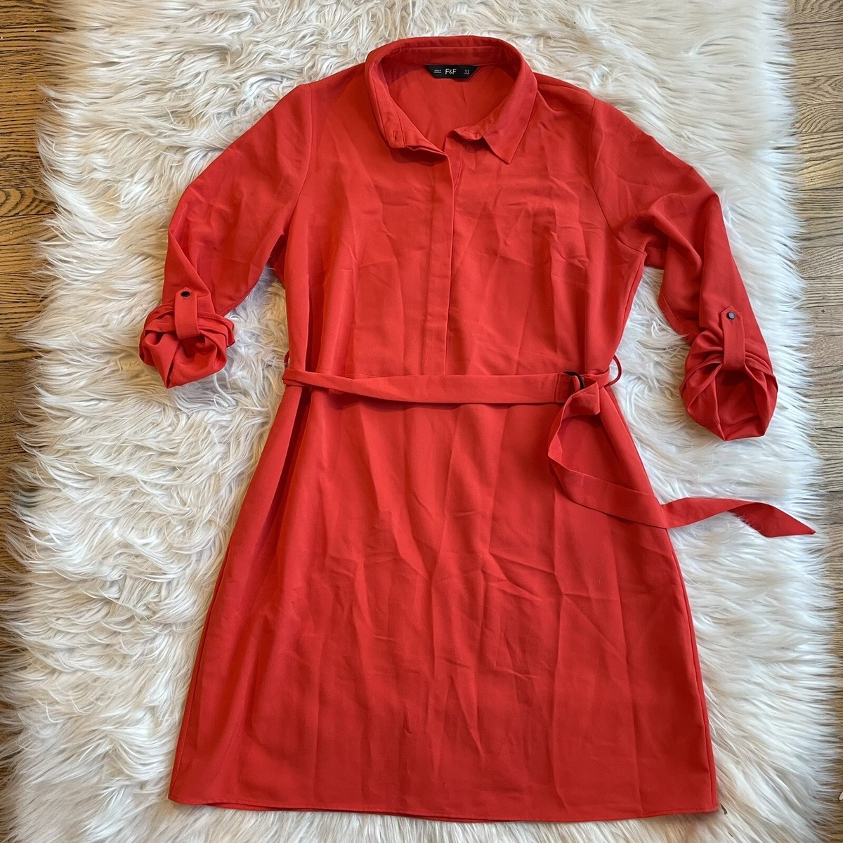 F\u0026F Shirt MIDI Dress Womens Sz 10 Button Down Belted Red Minimalist  Essentials | eBay