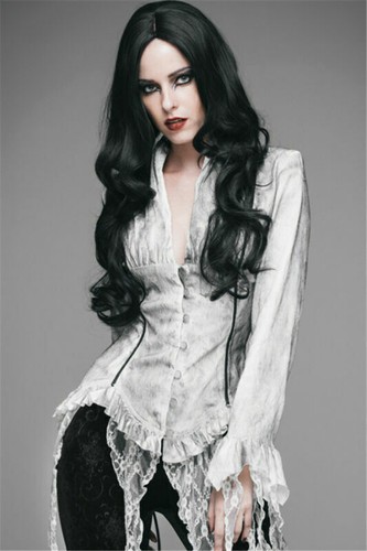 Eva Lady Women's Goth Fitted White Shirt Fashion V Collar Petal Sleeve Blouses