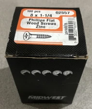 (100 pcs) Midwest Fasteners #8 x 1-1/4" Wood Screw Phillips Flat Zinc Plated