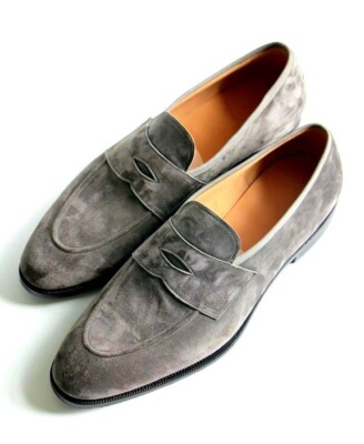 Handmade men gray suede dress shoes, formal slip on moccasin for mens