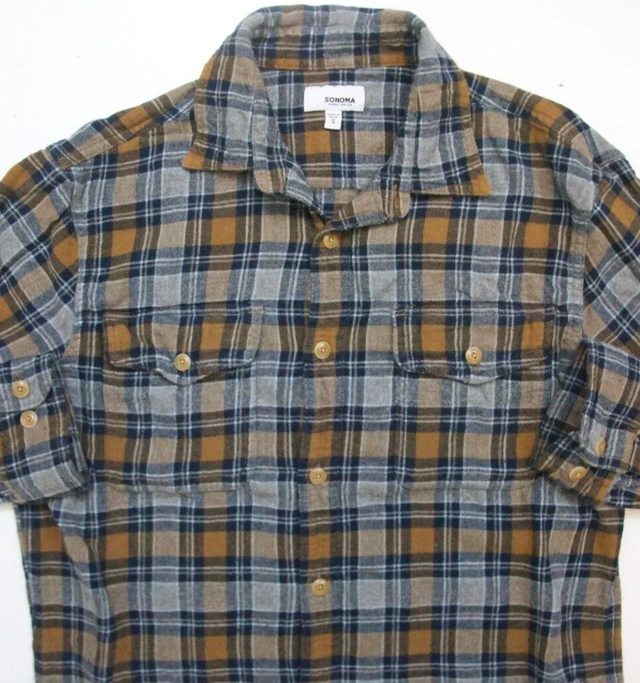 Sonoma Dress Shirt Small Gray & Brown Men's Flannel Top Long Sleeve Plaid 1-61 — 第 2/4 张图片