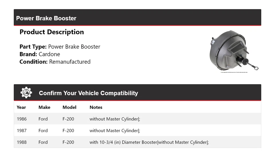 Para Ford F-200 1986-1988 Power Brake Booster Cardone 1987 Foto 2 de 3