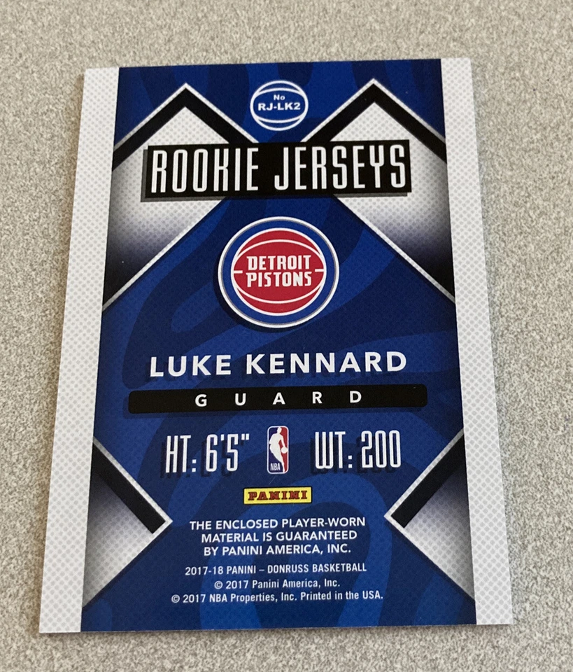 2017-18 Panini Donruss Rookie Jerseys #RJ-LK2 Luke Kennard Pistons - Image 2 of 2