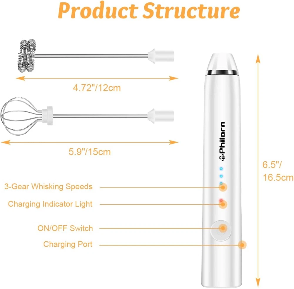 Milk Frother Handheld Rechargeable Coffee Frother - Frother Wand with 2 Heads, E