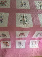 Vintage Hand Sewn Quilt with 12 Months of Embroidered Flowers 86x71 Cover Throw