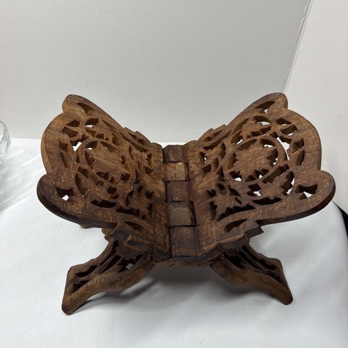 Vintage Hand Carved Wooden Open Book Holder Folding Display Bible, Cookbook Rack
