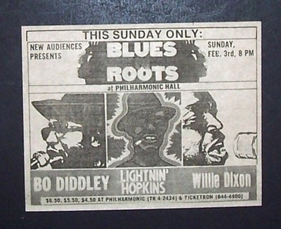 Bo Diddley, Lightnin' Hopkins, Willie Dixon Philharmonic Hall NY 1974 Concert Ad