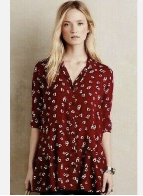 Anthropologie 11 1 Tylho  Lakin Burgandy Poppy Floral Tunic Blouse Top SZ XS NWT