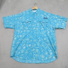 Columbia PFG Super Bahama Shirt Mens Large Blue Palm Print Fishing Outdoors