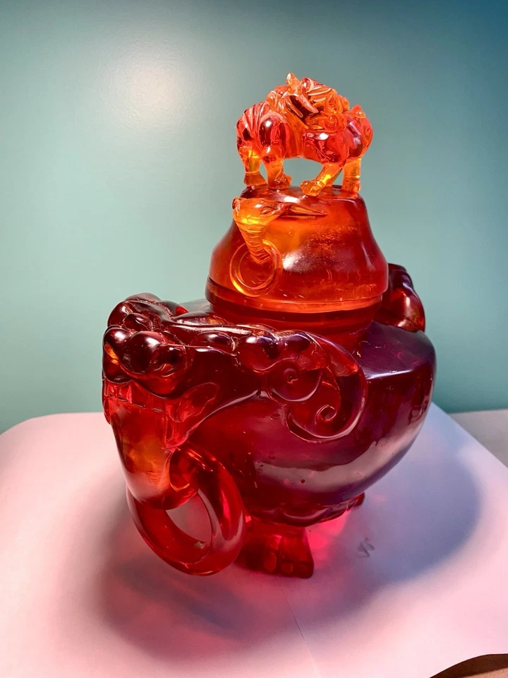 Estatuilla quemador de incienso dragón chino ámbar resina roja tallada de colección Foto 2 de 4