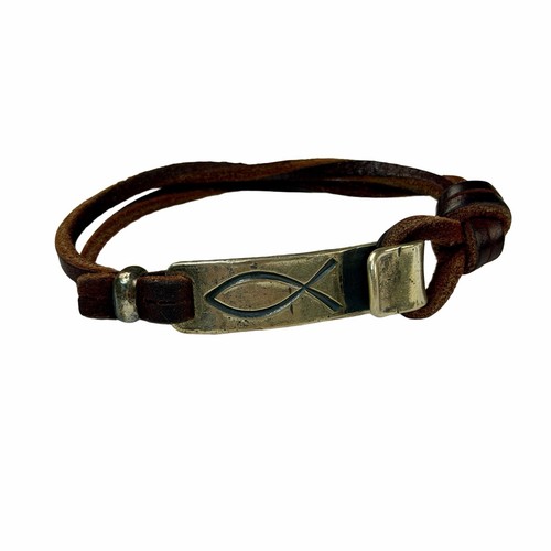 James Avery Retired 925 Sterling Brown Ichthus Leather Bracelet 8”Long 18g