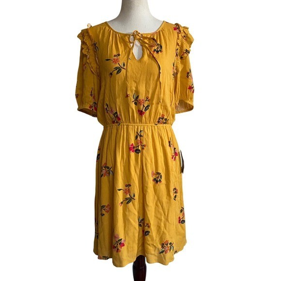 DR2 by Daniel Rainn Yellow Coquette Floral Dress Tie-Neck M NWT