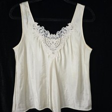 Vintage Ivory Satin Camisole Decorative Embroidered Lace Trim Sz Large Lingerie