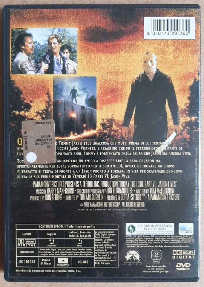 Venerdì 13: parte VI - Jason vive 1986 DVD Fuori Catalogo Horror Tom McLoughlin - Immagine 2 di 3