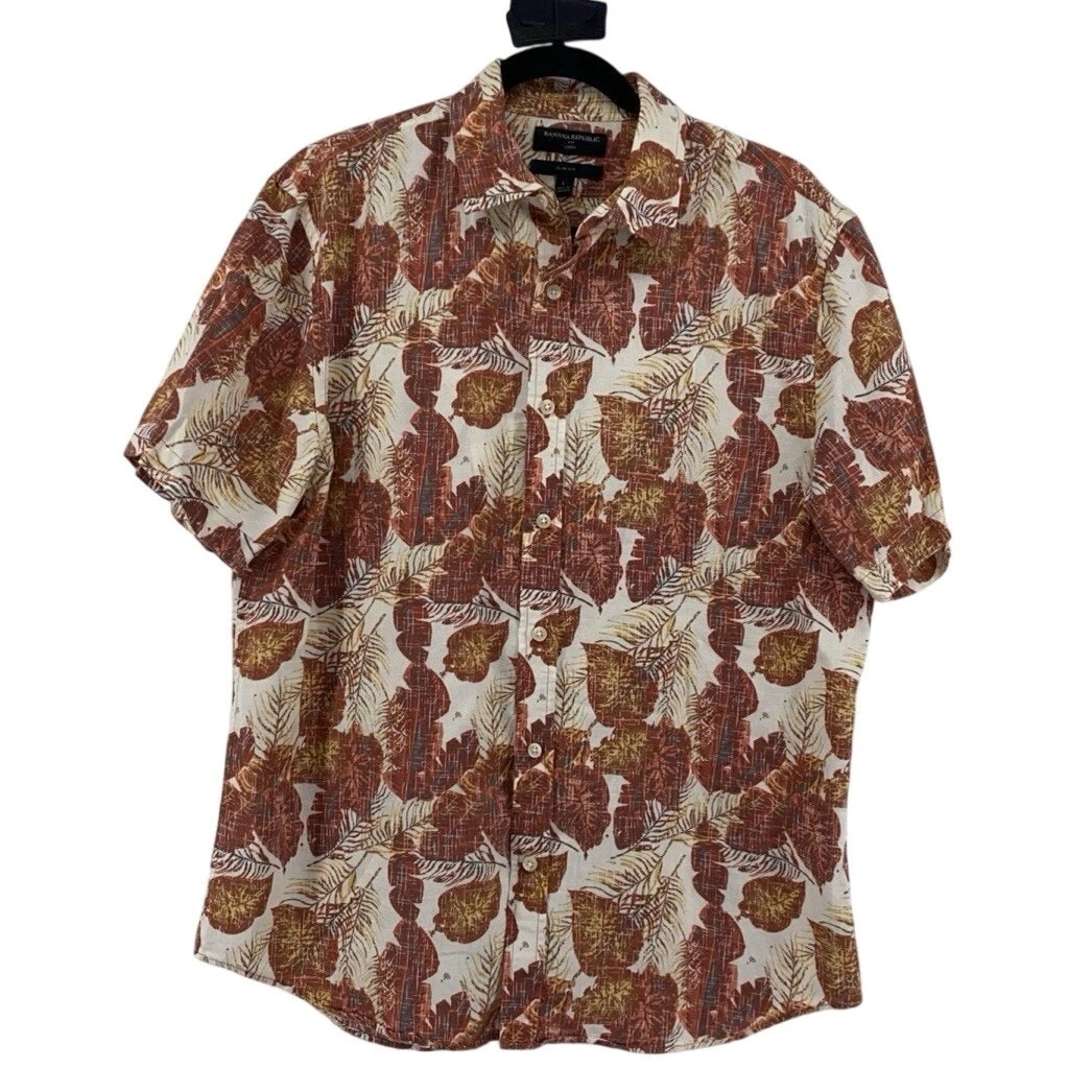 Banana Republic Shirt Mens Large Brown Slim Linen Blend Hawaiian Button Up