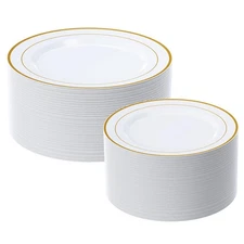 Gold Plastic Plates Set of 60, Disposable Plates with Gold Rim 30 Dinner Plat...