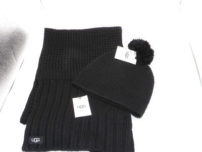 UGG Australia Winter Beanie Hat and Scarf Set SUPER SOFT Black One Size New 