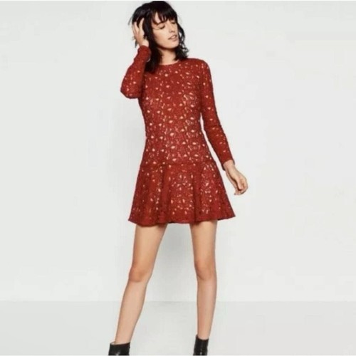 ZARA Crochet Lace Dress Sz L Red Mini Cocktail Party Long Sleeve Fit & Flare