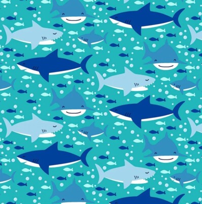 Blue Sharks on Turquoise Striped Comfy Cotton Flannel Fabric by the Yard