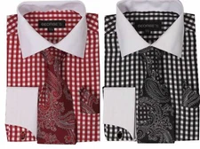 New Men's Checker Dress Shirt  French Cuff With Matching Cuff- Links Style AH615