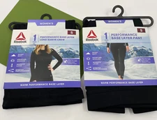 Reebok Women's Performance Base Layer Long Crew & Pant Set Black Small S New
