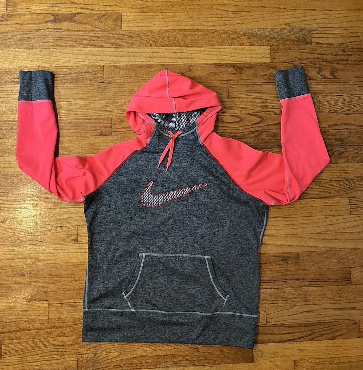Nike THERMA FIT Swoosh Logo Pullover Hoodie XL Pink Gray Lace Up Chin Nice