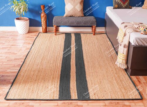 Indian Hand Braided Rectangle Beige Jute Rug With Dark Grey Striped Line Decor - Picture 1 of 8