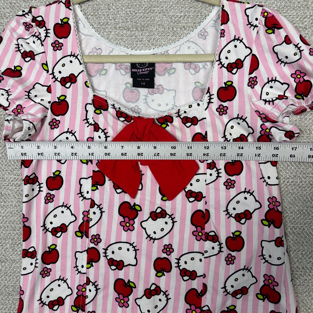Hello Kitty Pink Striped Blouse Top Medium Apples Flowers Bow AOP