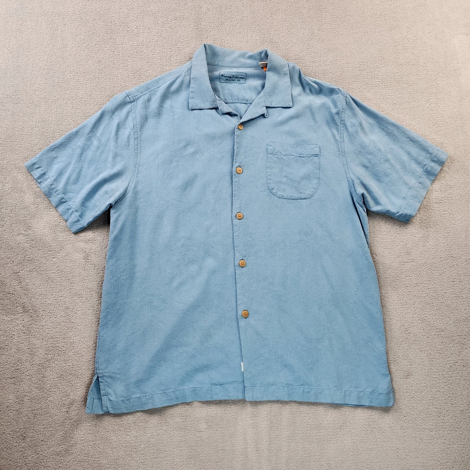 Tommy Bahama Shirt Mens Large Blue Button Up Short Sleeve LeavesEmbroidered Silk
