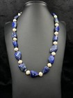 Unique Natural Good Quality Round Pearls & Faceted Lapis Lazuli Beaded Necklace