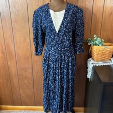 Periwinkle Navy Floral Print Midi Dress Lace Trim V Neck Puff Sleeve Women S