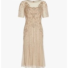 Adrianna Papell Illusion Beaded Mesh Boat Neck Dress Biscotti Party US 6 NWT
