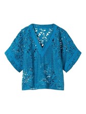 White House Black Market Blue V-Neck Floral Lace Kimono Top Shirt Size Medium
