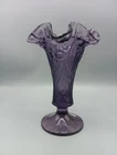 Fenton Purple Amethyst Glass Embossed Daffodils 7" Vase Double Crimp Ruffled Rim