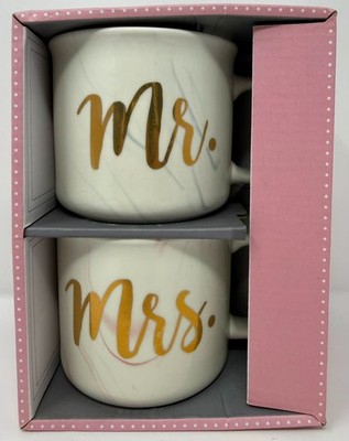 Mr. & Mrs. Marble Ceramic Coffee Mug Set Gold Lettering Gift New in Box #2